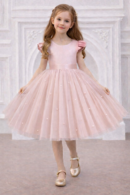 NSMLİFE Girl's Bow Detailed Pearl Graduation Birthday Party Dress Princess Dress