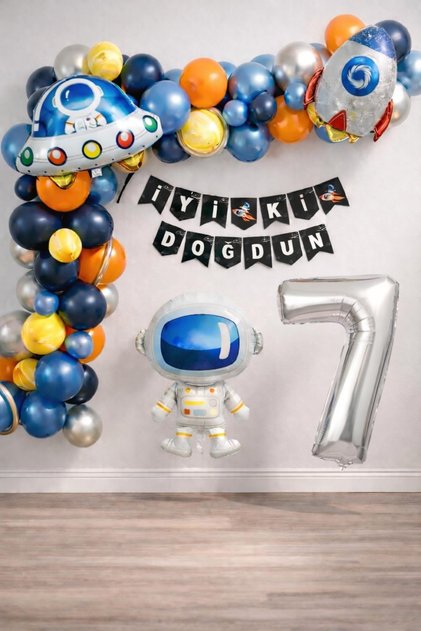 Space Themed Birthday Set Age 7; 4 Foil, 60 Latex Balloons, Banner, Balloon Chain, Balloon Tape