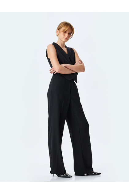 Wide Leg Fabric Trousers with Elastic Waist Pockets