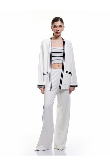 Viscose Blend Long Sleeve Striped Pocket Detailed Cardigan