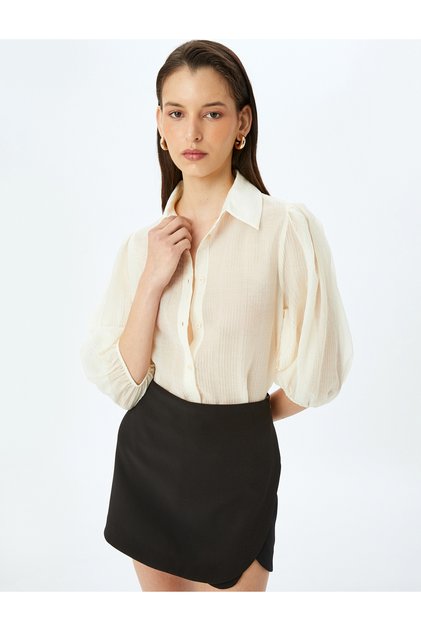 Textured 3/4 Balloon Sleeve Semi Sheer Shirt
