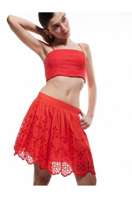 Lined Scalloped Brodered Mini Flared Skirt with Elastic Waist