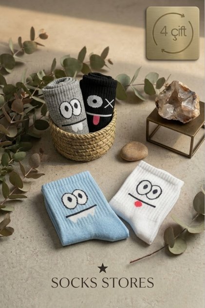 4 Pairs Cotton Colorful Emoji Socket Socks – College & Sneaker Compatible Men Women Kids Unisex Socks