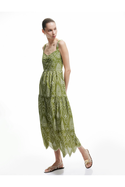 Sleeveless Cotton Flounced Sweetheart Neckline Gipeli Ethnic Long Dress