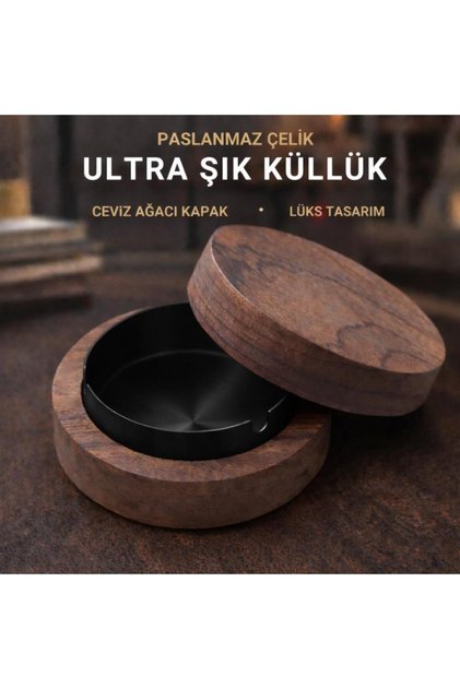 Ahşap Kapaklı Masaüstü Küllük Kül Tablası Paslanmaz Çelik Kül Tablası Koku Engellemeli Küllük