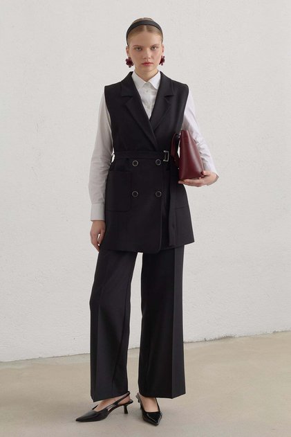 Kuşaklı Blazer Basic Yelek Siyah