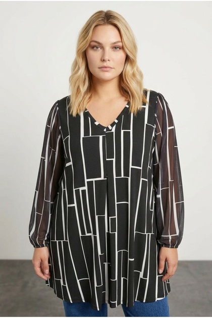 Plus Size Long Sleeve Tulle Detailed Pleated V-Neck Blouse303055