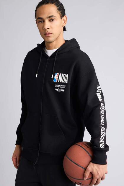 Defacto NBA Wordmark Oversıze Kapüşonlu Fermuarlı Sweatshırt