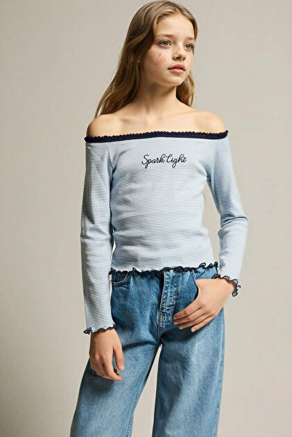 100% Cotton Carmen Collar Slogan Printed Long Sleeve T-Shirt Girl Child G6830A826Sp