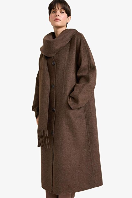 Defacto Wool Blend Detachable Scarf Relax Fit Long Cashmere Coat
