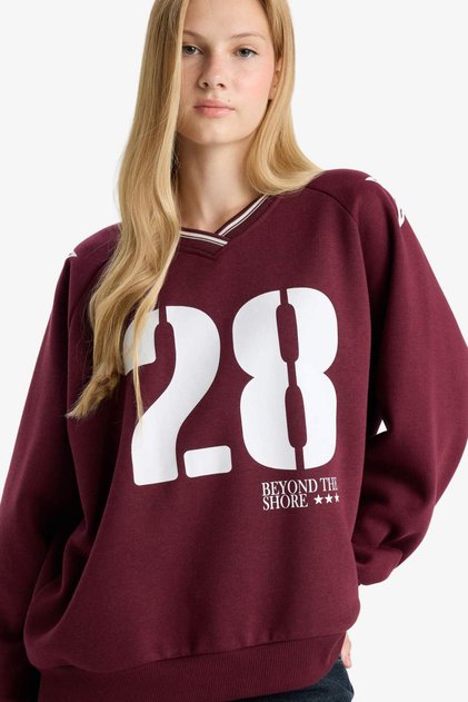 Oversized Wide Fit V-Neck Printed Thick Sweatshirt E8793Ax25Wn