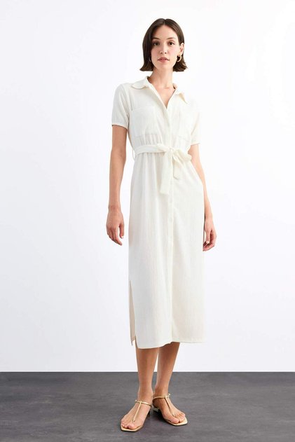 Shirt Collar Belted Short Sleeve Midi Dress G1060Ax25Sm