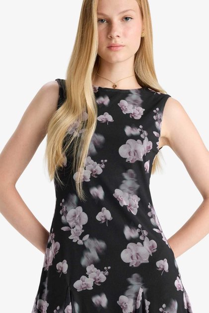 Ärmelloses Minikleid aus gemustertem Tüll mit Rundhalsausschnitt F0415AX25WN