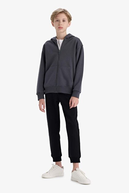 Defacto Kapüşonlu Basic Düz Okul Fermuarlı Sweatshirt Erkek Çocuk
