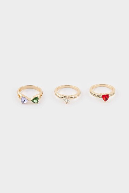 Women's Triple Heart Detailed Gold Ring F6203Axns