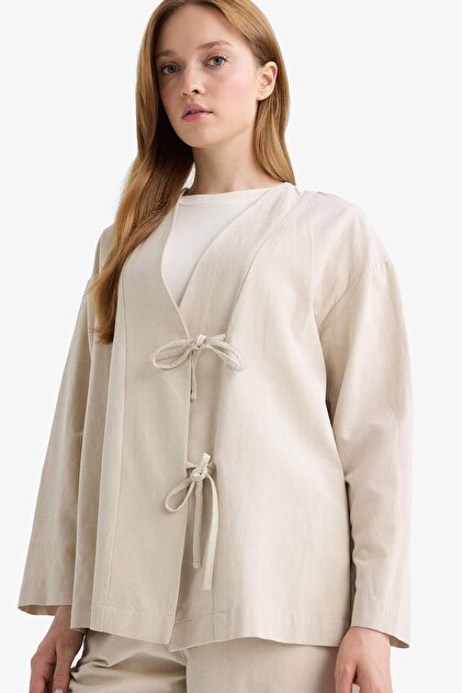 Defacto Regular Fıt V Yaka Keten Karışımlı Kimono F7958AX25AU