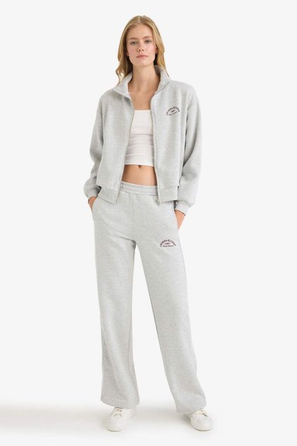 Straight Fit Pocketed Printed Thick Gray Women's Sweatpants F0312Ax/Gr93