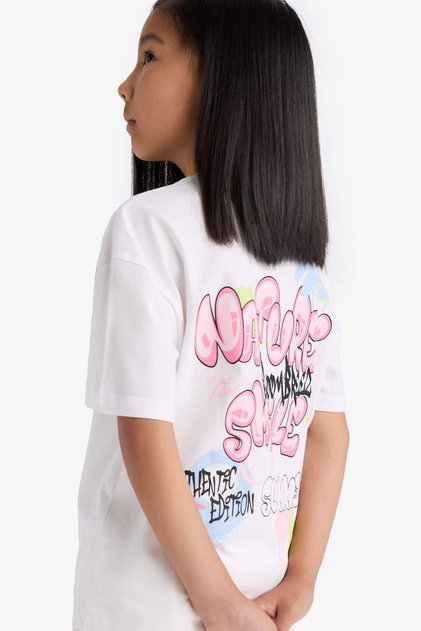 Oversized Loose Fit Crew Neck Back Printed Short Sleeve T-Shirt Girls E0367A825SM