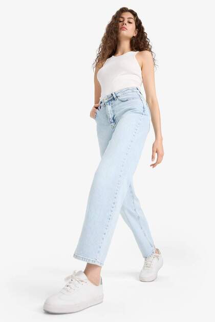 100% Cotton Comfort Straight High Waist Jean Trousers D8155Ax25Sm