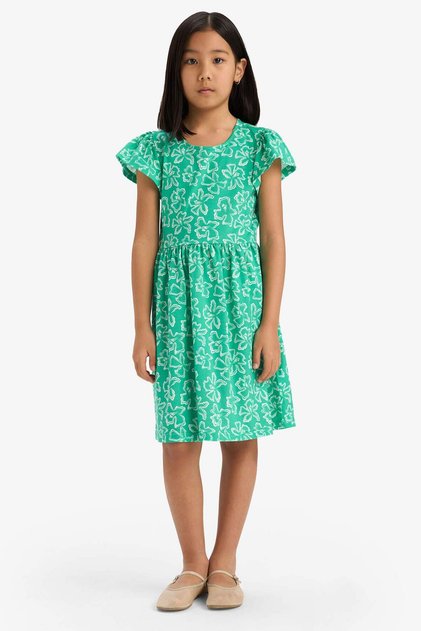 100% Cotton Crew Neck Patterned Short Sleeve Summer Dress for Girls B4339A825Sm