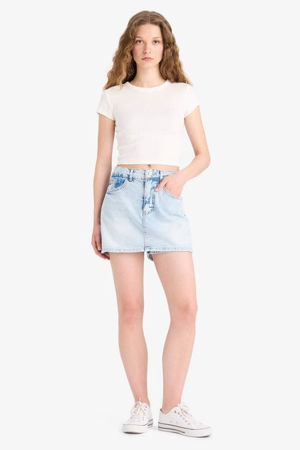 100% Cotton High Waist Washed Pocketed Jean Shorts Skirt E0566Ax25Sm