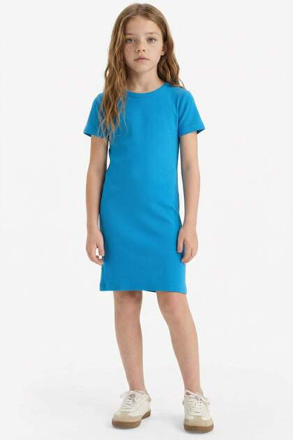 Crew Neck Ribbed Short Sleeve Summer Dress for Girls C4644A825Sm