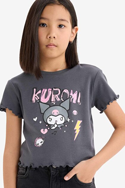 ♥mito様♥ Defacto Kuromi Cropped Fit Bisiklet Yaka Ribana Kısa Kollu Tişört