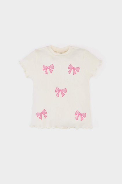 Crew Neck Ribbon Printed Corded Fabric Ribbed Knit Short Sleeve T-Shirt Baby Girl E6681A525Sm