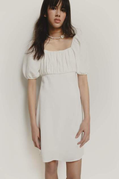 Defacto Square Neck Linen Blend Short Sleeve Midi Summer Dress E0896Ax25Sm-  Trendyol