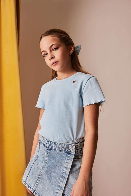 Girl's Slim Fit Narrow Cut Crew Neck Embroidered Ribbed Camisole Short Sleeve T-Shirt B6925A825Sm
