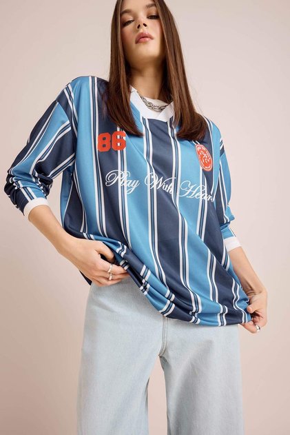 Oversized Wide Fit Polo Neck Printed Jersey Fabric Long Sleeve T-Shirt E5373Ax25Sp