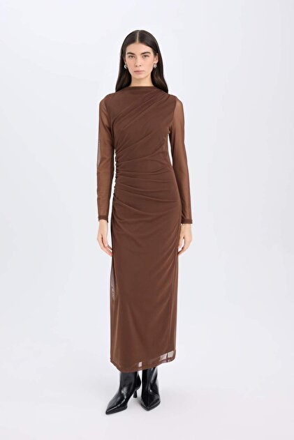 Defacto Bodycon Body Hugging Half Turtleneck Tulle Long Sleeve Maxi Dress  E3548Ax24Wn- Trendyol