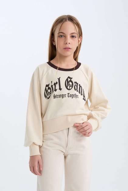 Relax Fit Crew Neck Printed Soft Fleece Inside Sweatshirt for Girls D7042A824Wn