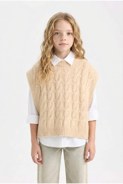 Crew Neck Hair Braid Patterned Knitwear Sweater for Girls C9659A824Wn