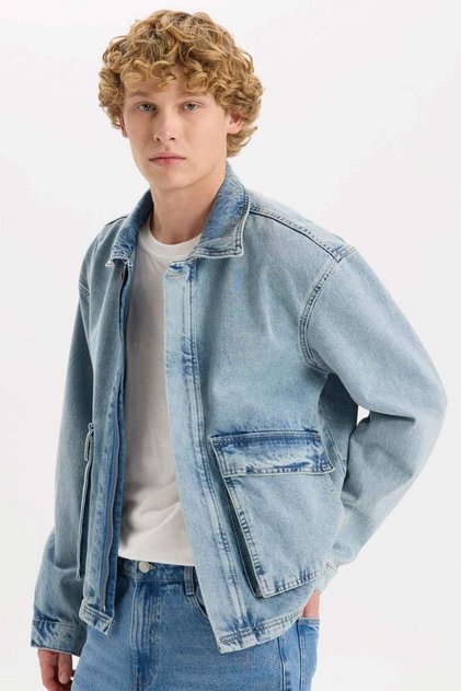 100% Cotton Polo Collar Pocketed Zippered Denim Jacket D5884Ax24Au