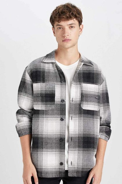 Black Relax Fit Polo Collar Checked Lumberjack Flannel Long Sleeve Shirt Jacket D4281Ax24Au