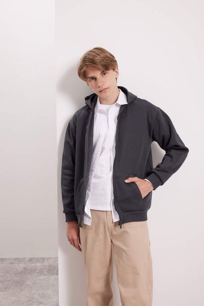 Boy's Anthracite Basic Plain Hooded Zippered School Cardigan X7382A624Au
