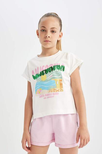 Boxy Fit Crew Neck Tropical Patterned Short Sleeve T-Shirt Girl Child C5280A824Sm