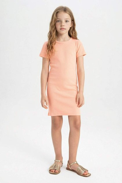 Girls' Crew Neck Ribbed Camisole Short Sleeve Summer Dress C4644A824Sm