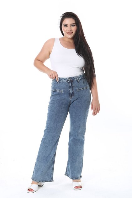 Women's Plus Size Blue High Waist Front Ornament Pocket Lycra Jeans Pants 65N38299