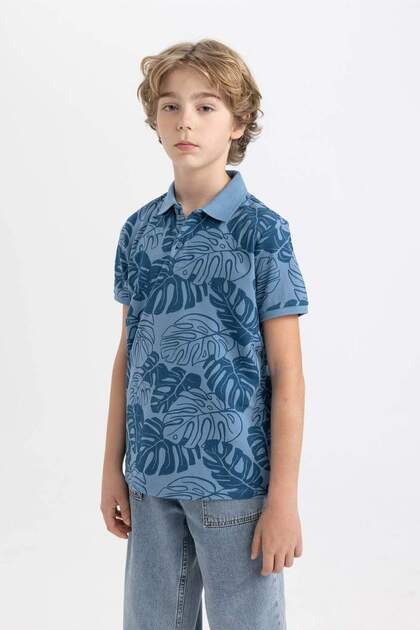 Boy's Polo Neck Patterned Pique Short Sleeve T-Shirt B6163A824Sm