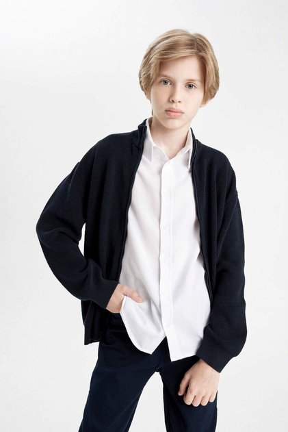 Boy's Navy Blue Half Turtleneck Knitwear School Basic Cardigan X5975A623Au