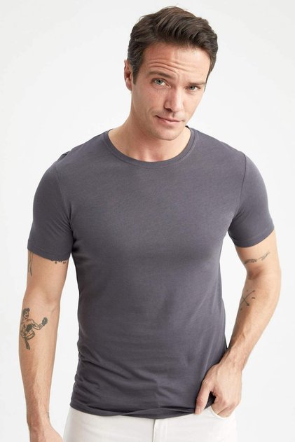 Slim Fit Dar Kesim Bisiklet Yaka Modal Karışımlı Pamuklu Basic Düz Kısa Kollu Tişört M6606AZ23SP