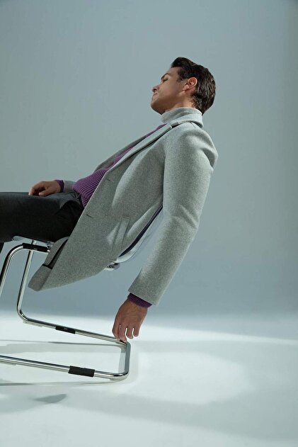 Defacto Erkek Gri Relax Fit Ceket Yaka Düğmeli Cepli Kaşe Kaban