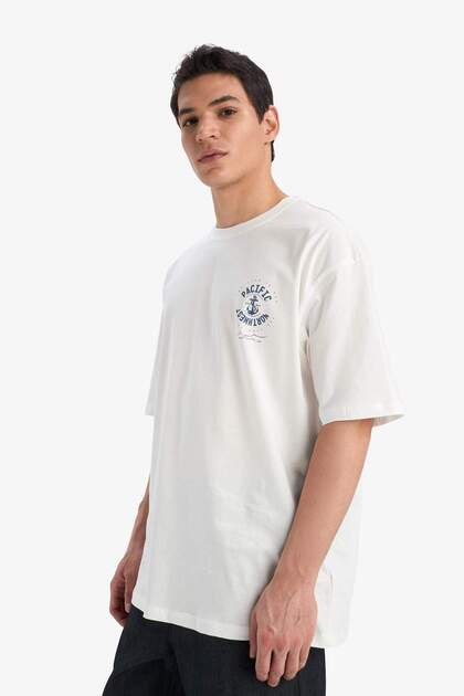 Defacto %100 Pamuk Oversize Fit Bisiklet Yaka Marin Sırt Baskılı