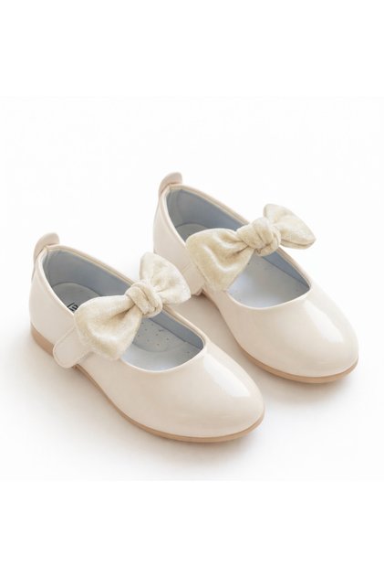 Girl's Ecru Patent Leather Bowknot Non-Slip Sole Orthopedic Ballerinas