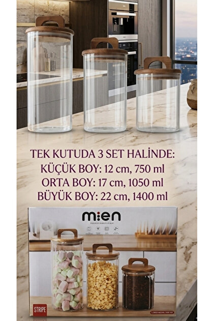 MİEN 3'lü Akasya Kapaklı Cam Kavanoz Seti – Vakumlu / Erzak