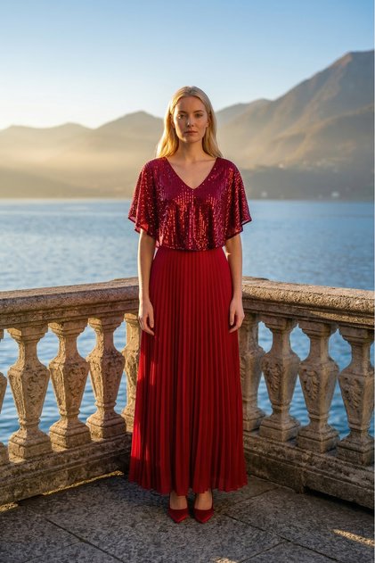 Luna Sequined V-Neck Pleated Long Evening Dress