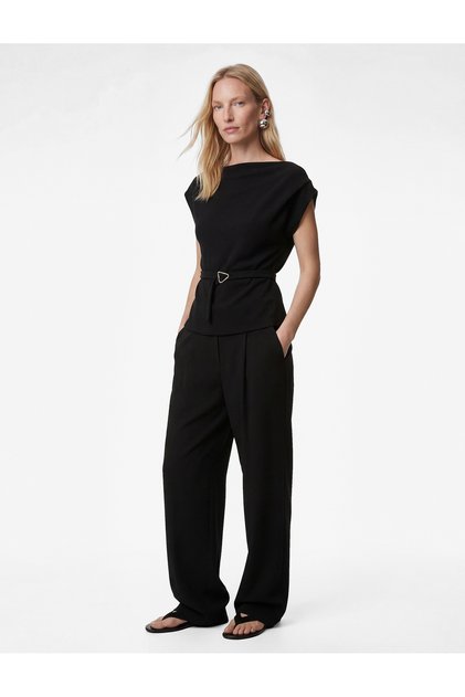 Scuba Fabric Slim Fit Pack of Belt Off-Shoulder Boat Neck Sleeveless Blouse