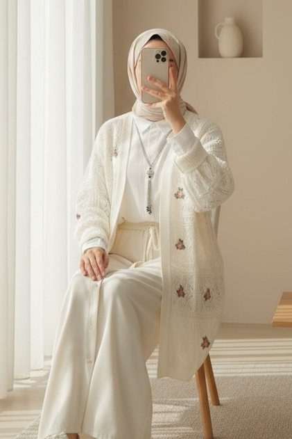 Ajurlu Oversize Uzun Kollu Tesettür Nakışlı Hırka -Ekru